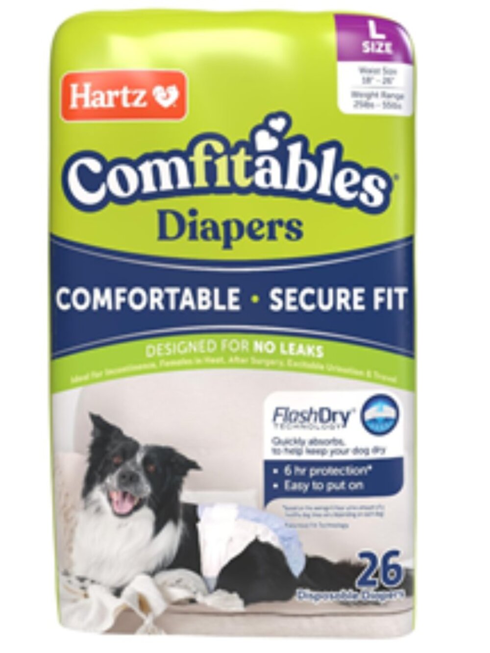 NWT Hartz Comfitables Male & Female Dog Diapers, Large 18" to 26" waist, 26 Ct.